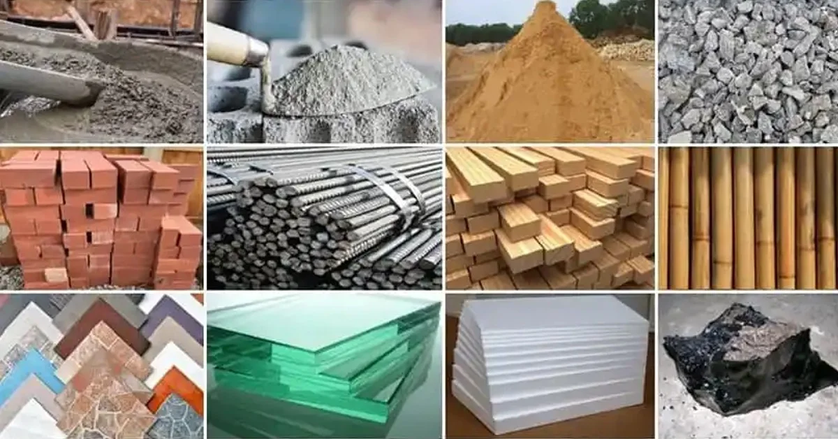 Collage of building materials including cement, aggregates, bricks, steel, timber, glass, and insulation boards