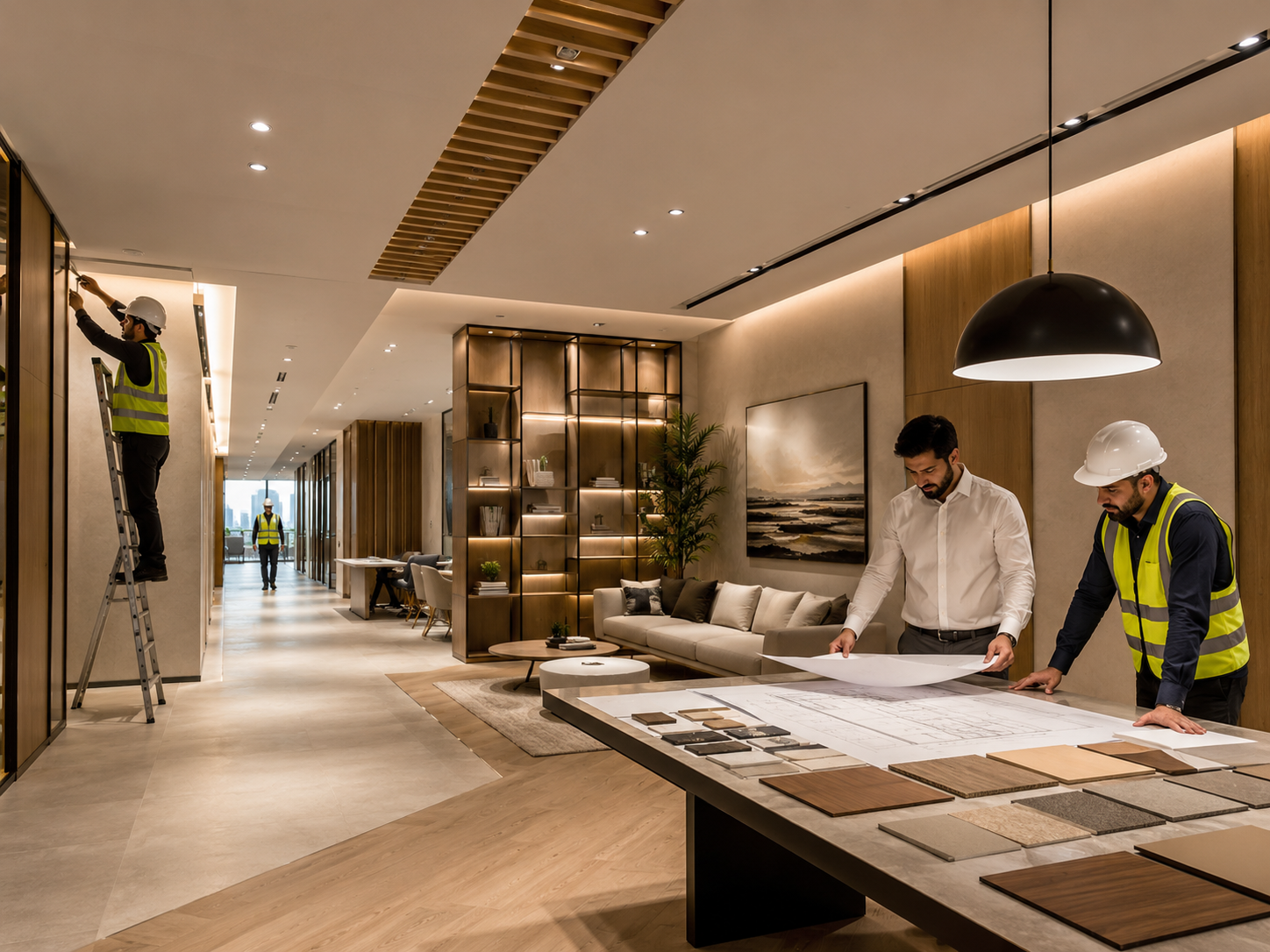 Interior fit-out team reviewing plans and material samples in a premium project space