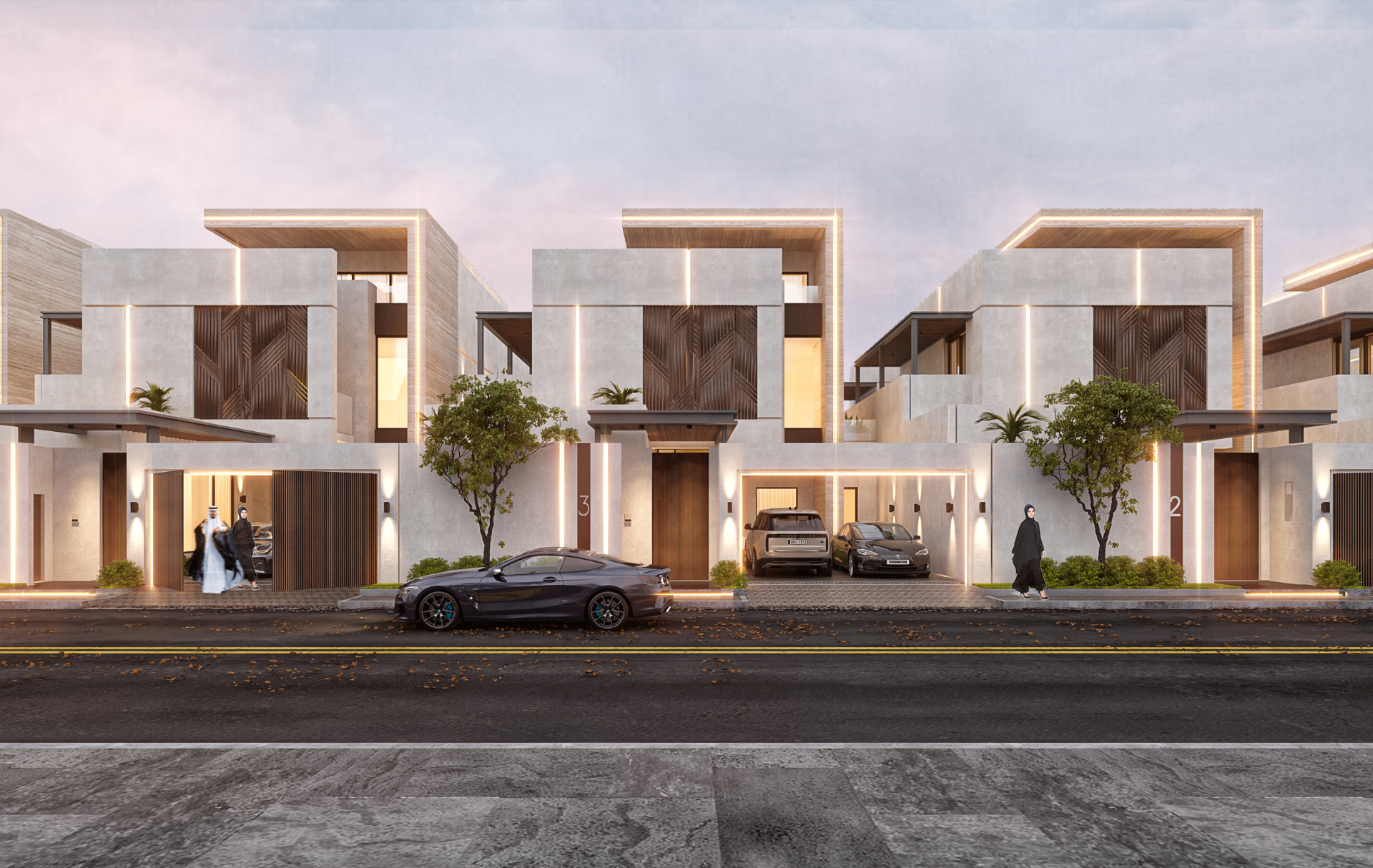 Contemporary luxury residential villas with architectural lighting